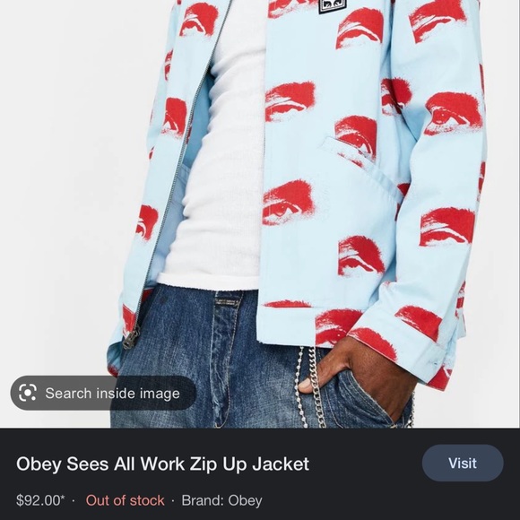 Obey Men’s See All Work Zip Up Jacket XS Blue/Red - Picture 2 of 9